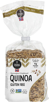 Sigdal front packaging showing quinoa crispbread, highlights clean ingredients and convenience