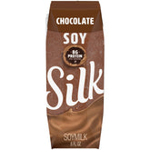 Silk front packaging showing chocolate soymilk single-serve convenience and shelf storage