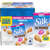 Silk front carton showing unsweetened vanilla almondmilk and pantry-ready convenience