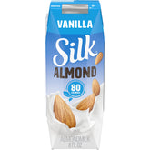 Silk vanilla almondmilk front packaging showing brand and benefit convenience