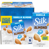 Silk front packaging showing vanilla almondmilk, convenient pantry storage