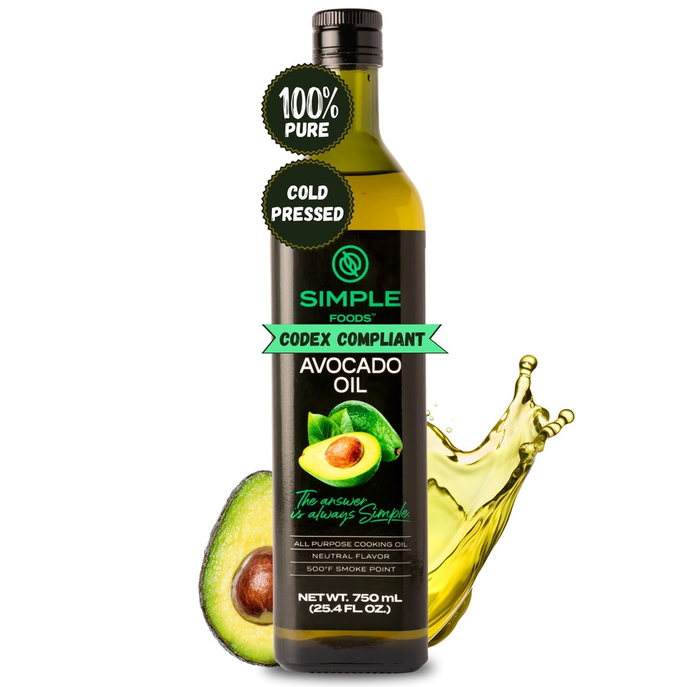 Simple Foods avocado oil front bottle shows glass packaging and mild flavor benefit