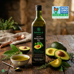 Simple Foods avocado oil pouring stream demonstrating smooth texture and cooking control