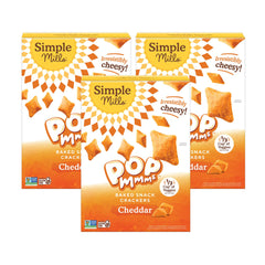 Simple Mills front packaging showing cheddar 3-pack and pantry-ready convenience