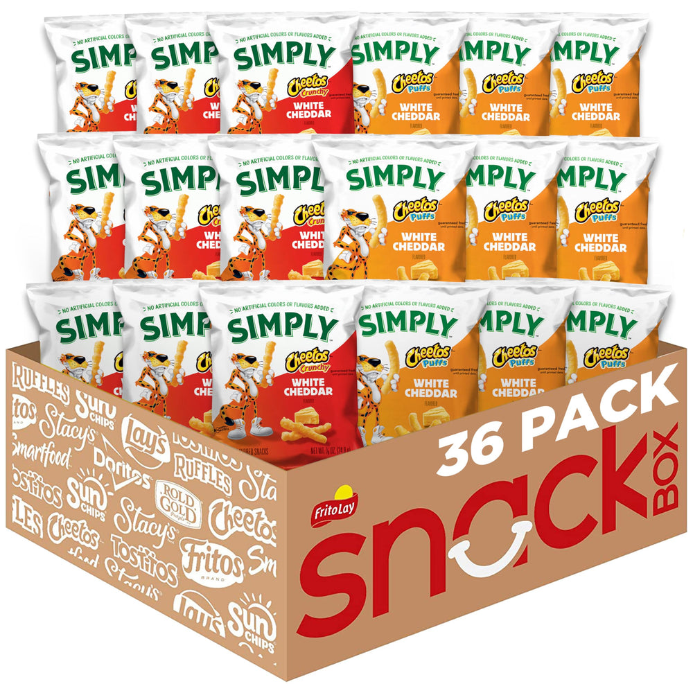 Simply Cheetos pack front showing both white cheddar puff and crunchy bags, easy sharing
