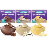 Simply Delish front packaging showing three pudding flavors and benefits