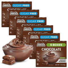 Simply Delish front packaging showing six sugar-free pudding packets and benefits