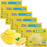 Simply Delish front packaging showing lemon pudding 6-pack and quick-prep benefit