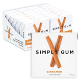 SIMPLY Gum front packaging showing cinnamon flavor and plastic-free claim