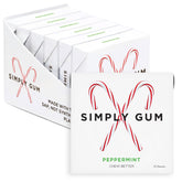 Simply Gum front packaging showing peppermint candy cane design and plastic-free benefit