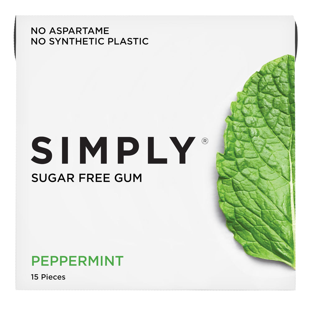 Simply Gum front packaging showing six-pack supply and peppermint benefit