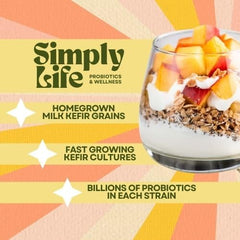 Simply Life Probiotics kefir grains on a spoon for scale showing grain size and easy portioning benefit