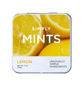 Simply Mints front tin showing lemon candy and brand, portable freshness