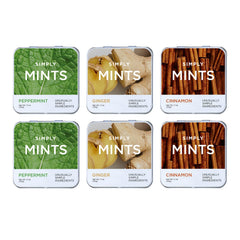Simply Mints front view of six reusable tins showing variety and compact storage benefit