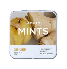 SIMPLY Mints front tin showing brand and ginger mint benefits