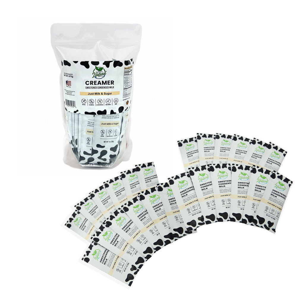 Simply Natural front packaging showing 24 sachets and cow-print design for easy identification