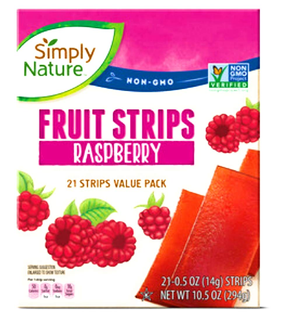 Simply Nature raspberry front packaging showing 21-strip value pack and ingredient clarity