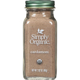 Simply Organic front bottle view showing cardamom glass jar and clear label, highlighting freshness