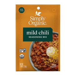 Simply Organic front packaging showing 12-count mild chili mix, clear pantry benefit