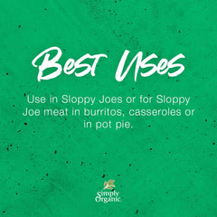 Simply Organic Sloppy Joe on a bun plated to show serving suggestion and appetizing result