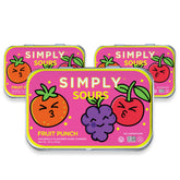 Simply Gum tin front showing Fruit Punch branding and clean ingredients benefits