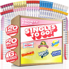 SINGLES TO GO! front box showing 120-count variety pack for easy storage