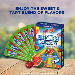 SINGLES TO GO! LIFESAVERS powder poured into a bottle demonstrating quick dissolving and vibrant color