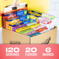 SINGLES TO GO! assorted packets spread out showing flavor variety and convenience