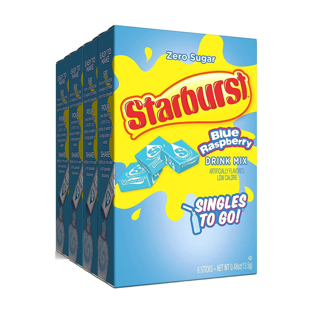 SINGLES TO GO! front packaging showing bright blue raspberry flavor and 24 sticks benefit portability