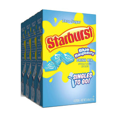 SINGLES TO GO! front packaging showing bright blue raspberry flavor and 24 sticks benefit portability