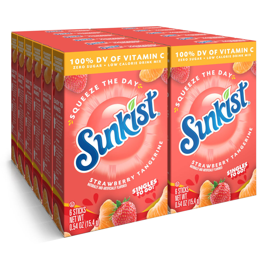 SINGLES TO GO! front packaging showing strawberry tangerine flavor and benefits