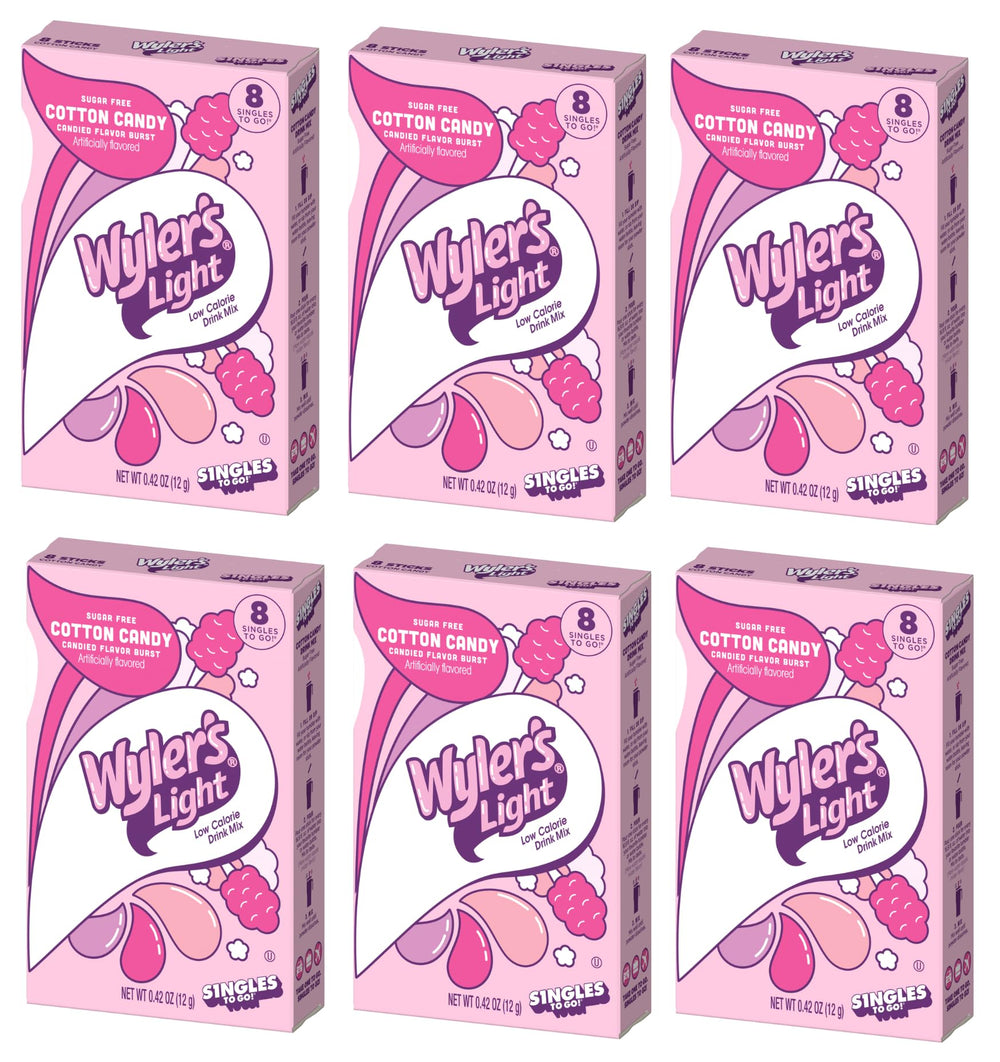 SINGLES TO GO! Wyler's front box showing six cotton candy flavor boxes, convenient storage