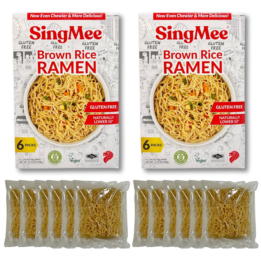 SingMee front packaging showing brown rice ramen and benefits