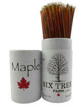 Six Tree Farm front packaging showing 50 maple sticks and product benefit of portability