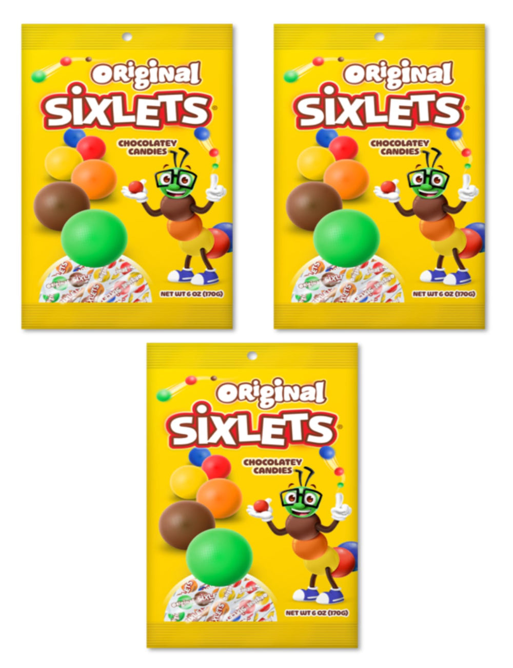 Sixlets front packaging showing three 6 oz bags and colorful appeal for easy sharing