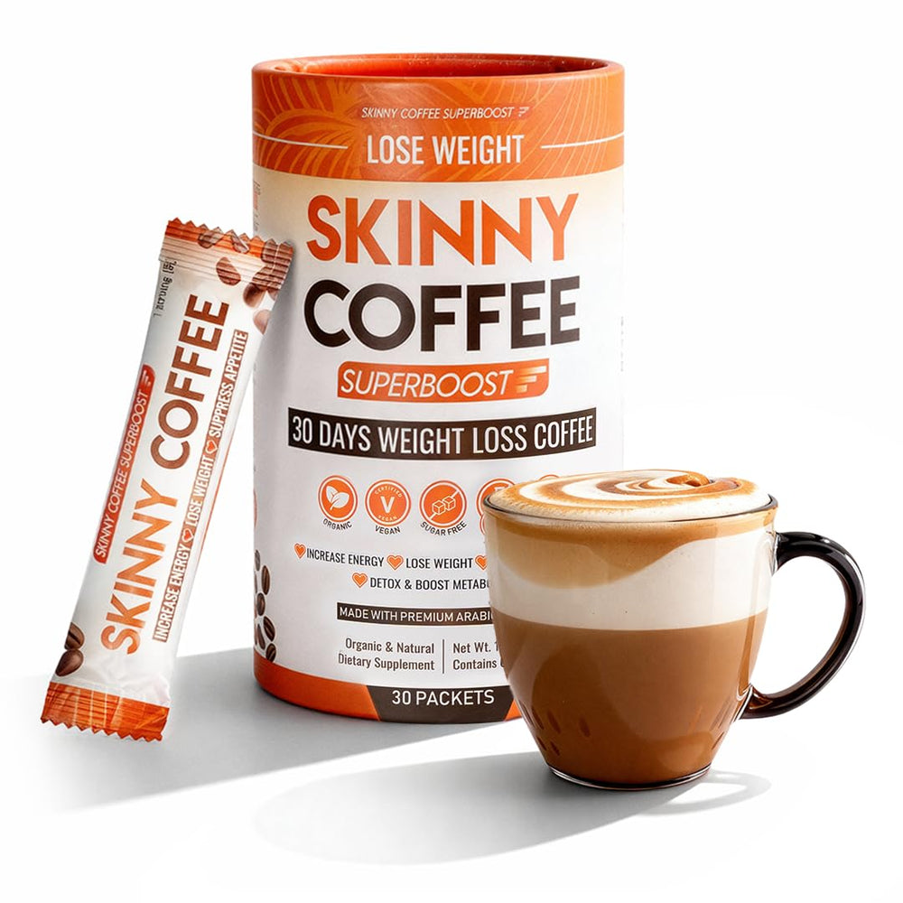 Skinny Coffee SuperBoost front packaging showing product and servings, clear quality reassurance