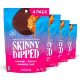 SKINNYDIPPED front packaging showing four 3.17oz bags and low sugar benefit
