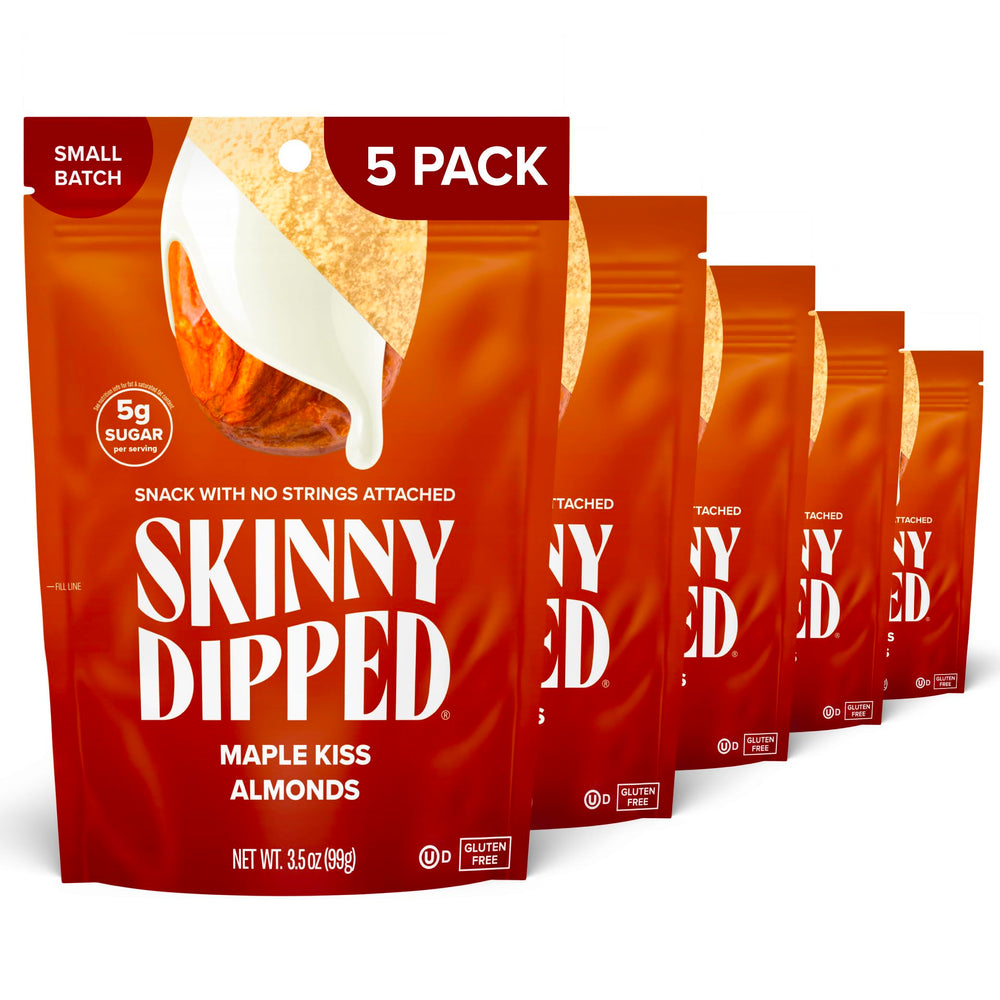 SKINNYDIPPED front packaging showing Maple Kiss almond bags and convenience