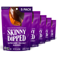 SKINNYDIPPED front packaging showing five resealable snack bags and branding benefit portability