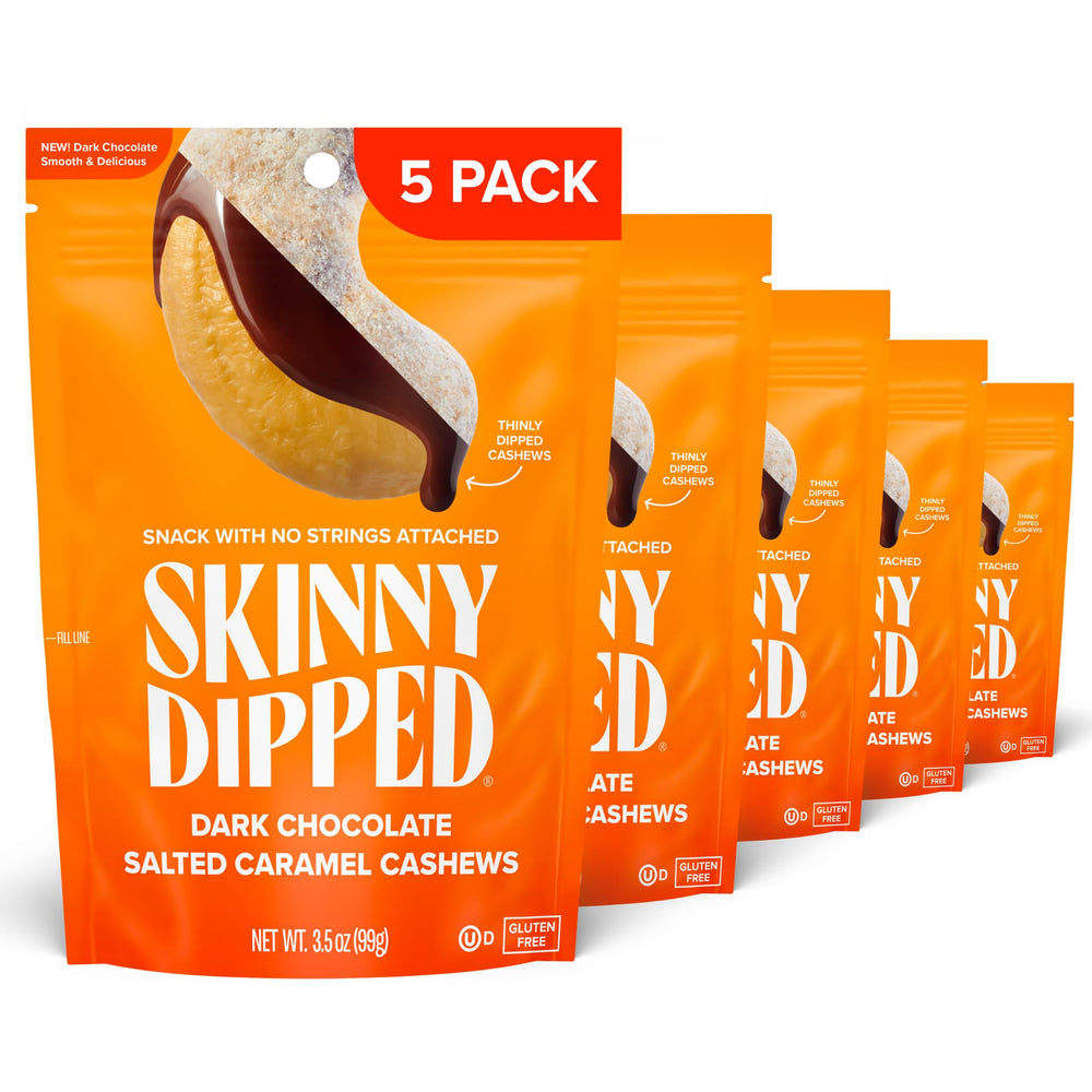 SKINNYDIPPED front packaging showing five resealable bags and product branding benefit portion control