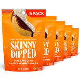SKINNYDIPPED front packaging showing five resealable bags and product branding benefit portion control