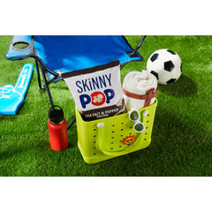 SkinnyPop opened bag with popped popcorn visible, shows light crunchy texture