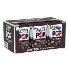 SkinnyPop front packaging showing sea salt and pepper flavor, highlights portability
