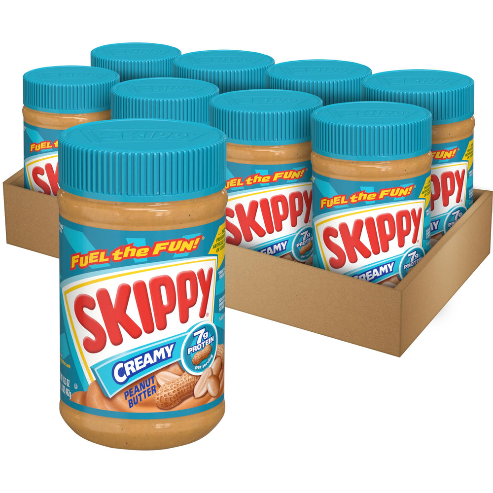 SKIPPY creamy peanut butter front packaging showing brand and jar benefit