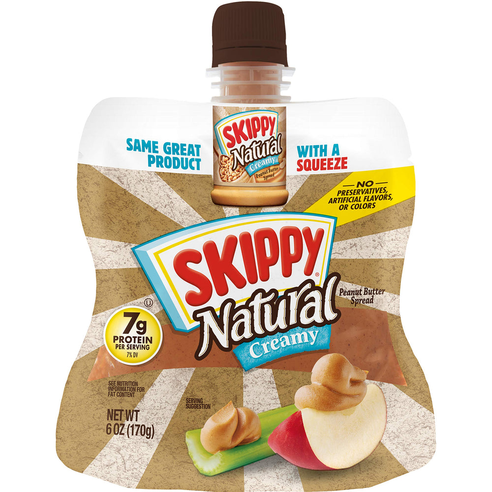 SKIPPY squeeze front packaging showing six 6oz bottles for convenient snacking