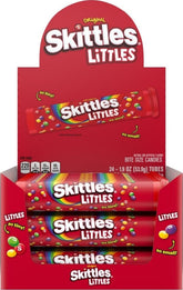 Skittles Littles front packaging showing resealable mega tube and vibrant colors
