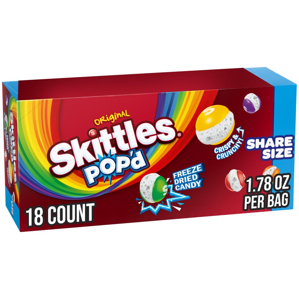 skittles pop'd front packaging showing box and share bags, brand visibility and convenience