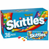 Skittles tropical front packaging showing bulk box and convenient individual packs for easy sharing