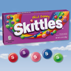 Skittles Wild Berry open pouch close-up showing chewy candy texture and vivid colors