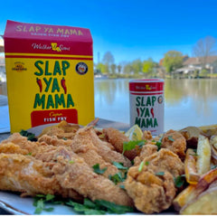SLAP YA MAMA breaded shrimp coated with mix showing even seasoning and appetizing crunch